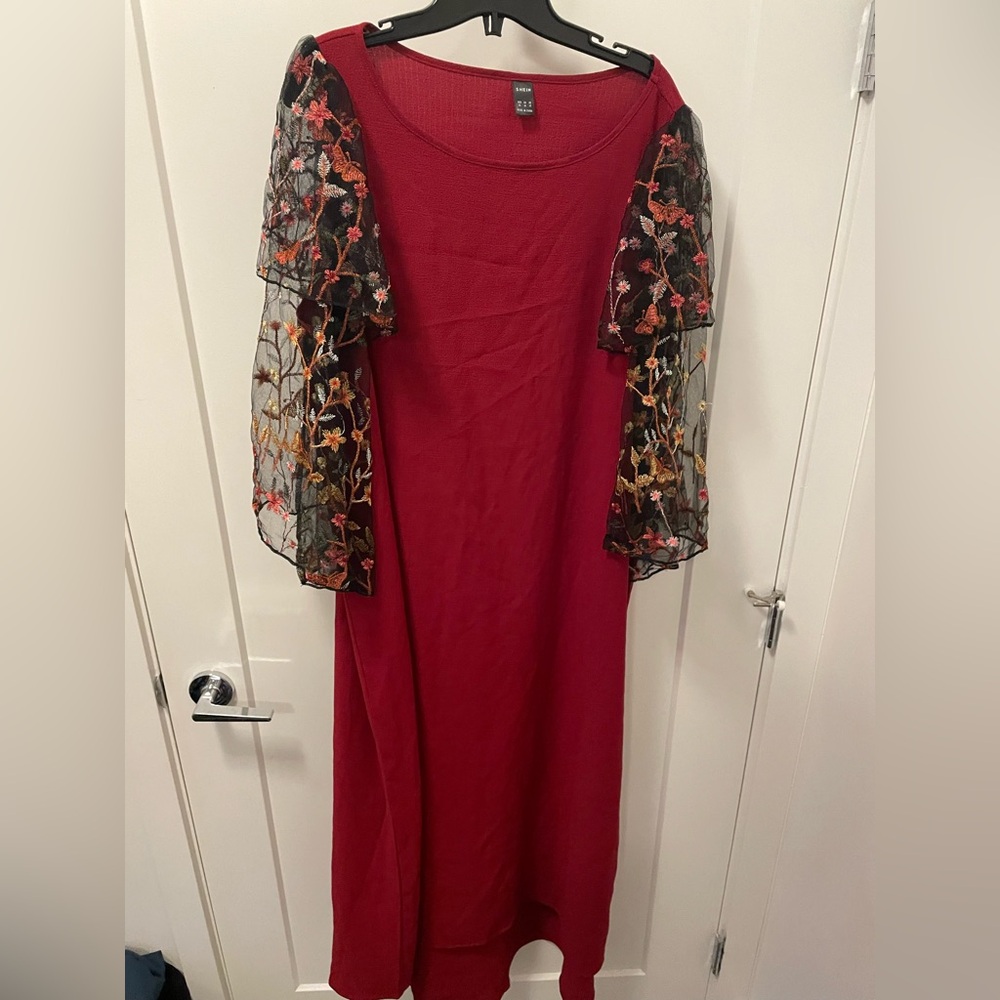 SHEIN Long Sleeve Red Dress with Floral Overlay XL